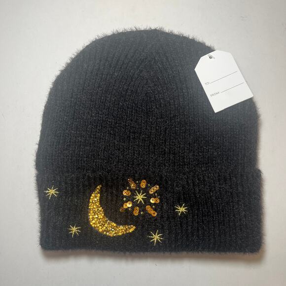 Women's Moon Stars Design Black Knit Winter Hat One Size NWT - Picture 1 of 5